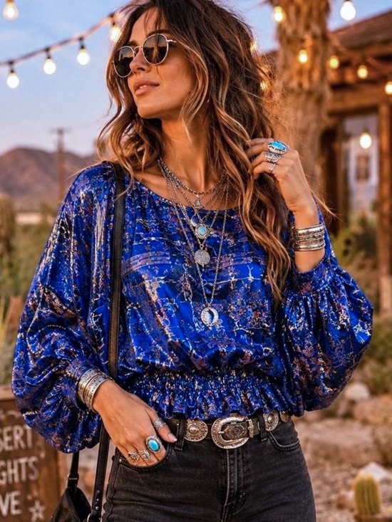 Free People Tops - Free People Blue Floral Metallic Boho Festival Top Dolman Sleeved Blouse Sz M